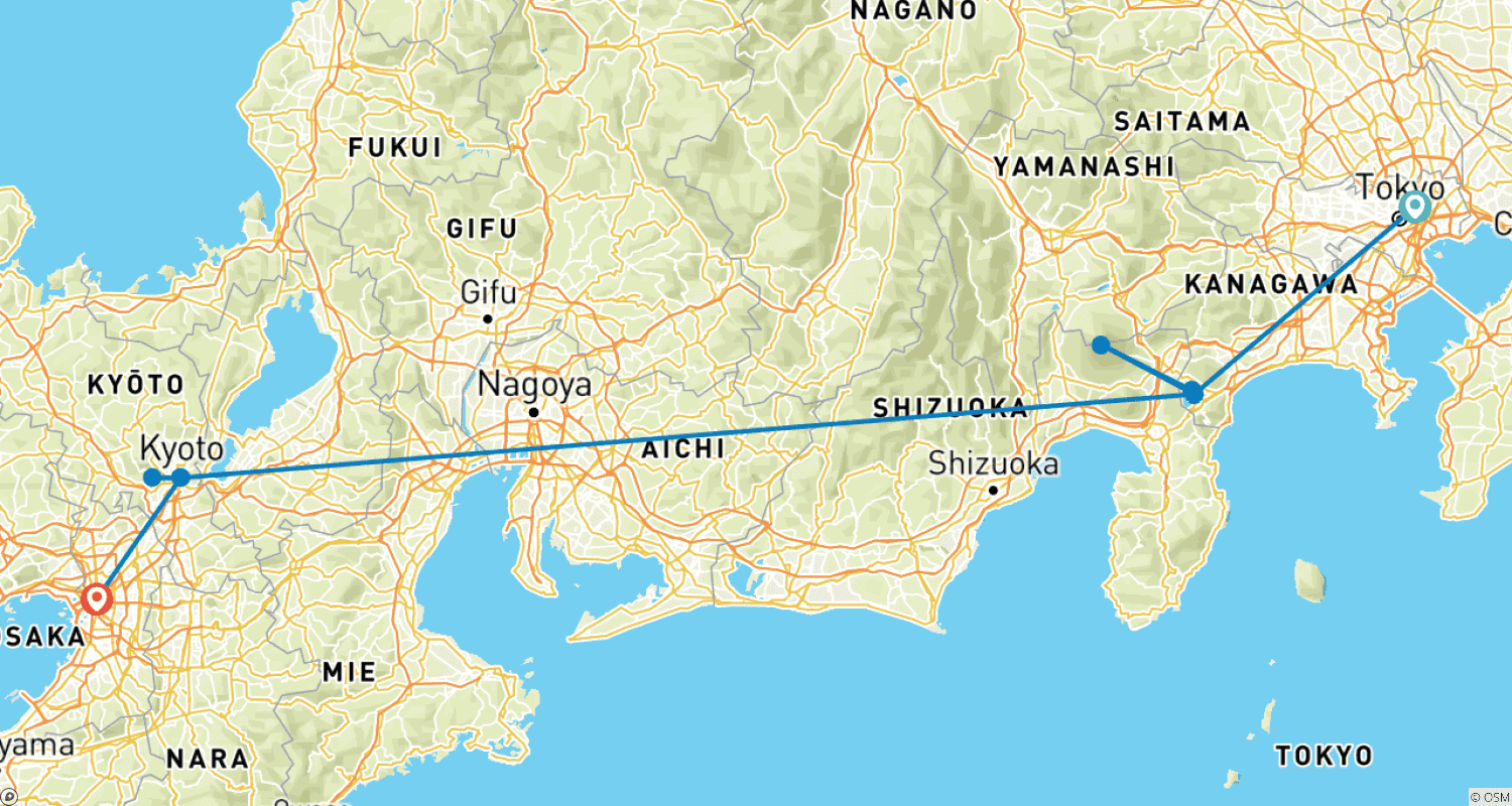 Mapa trasy: Japan Essentials 9 Day - One Life Adventures