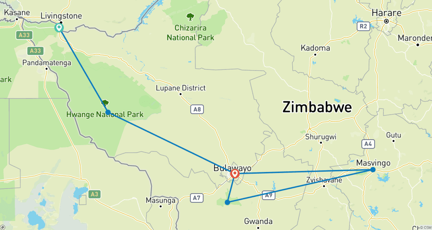 خريطة مسار 7 Days Breakaway  Zimbabwe