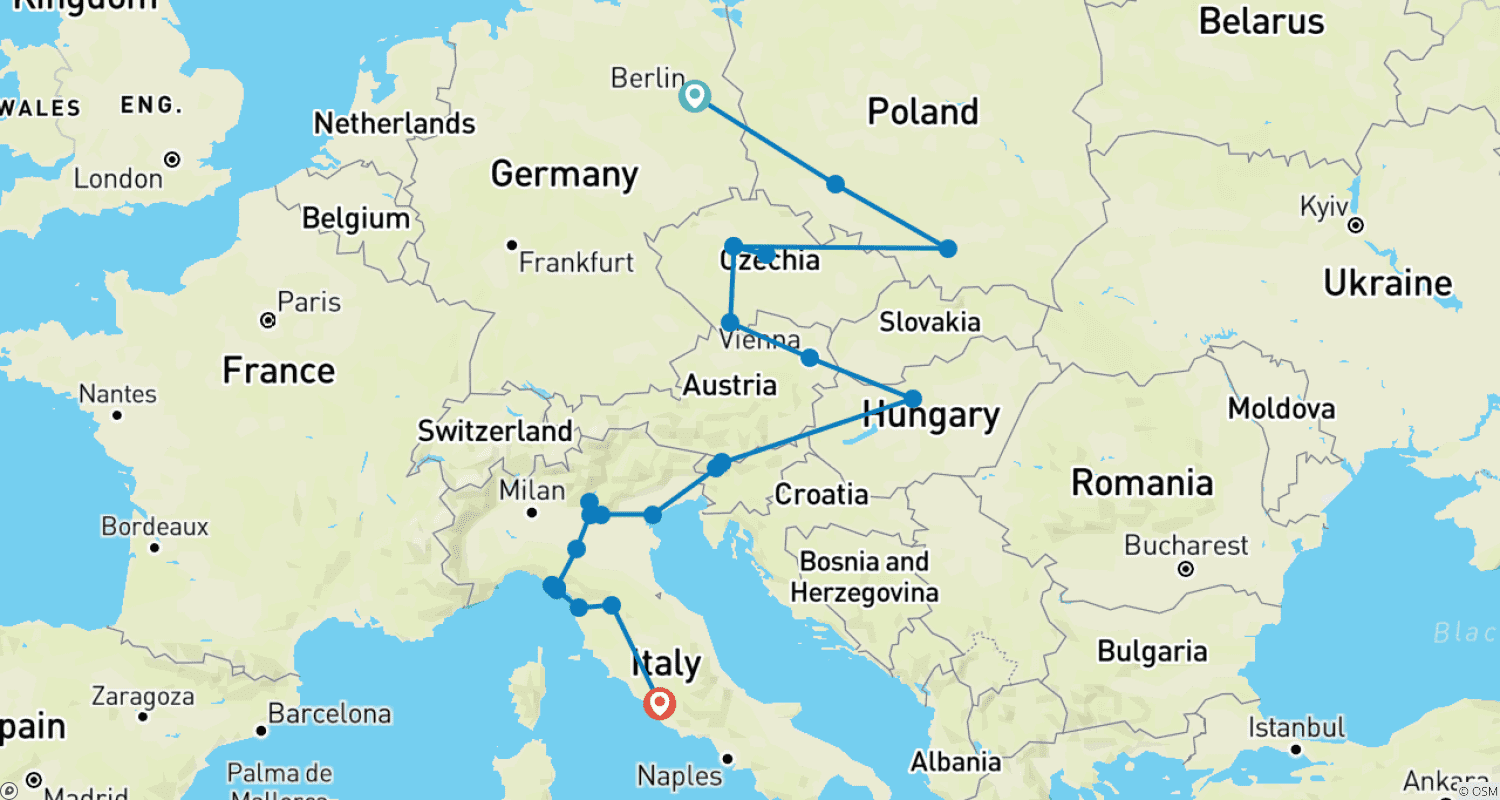 Mapa trasy: Epicka Europa: Centralna i Włochy