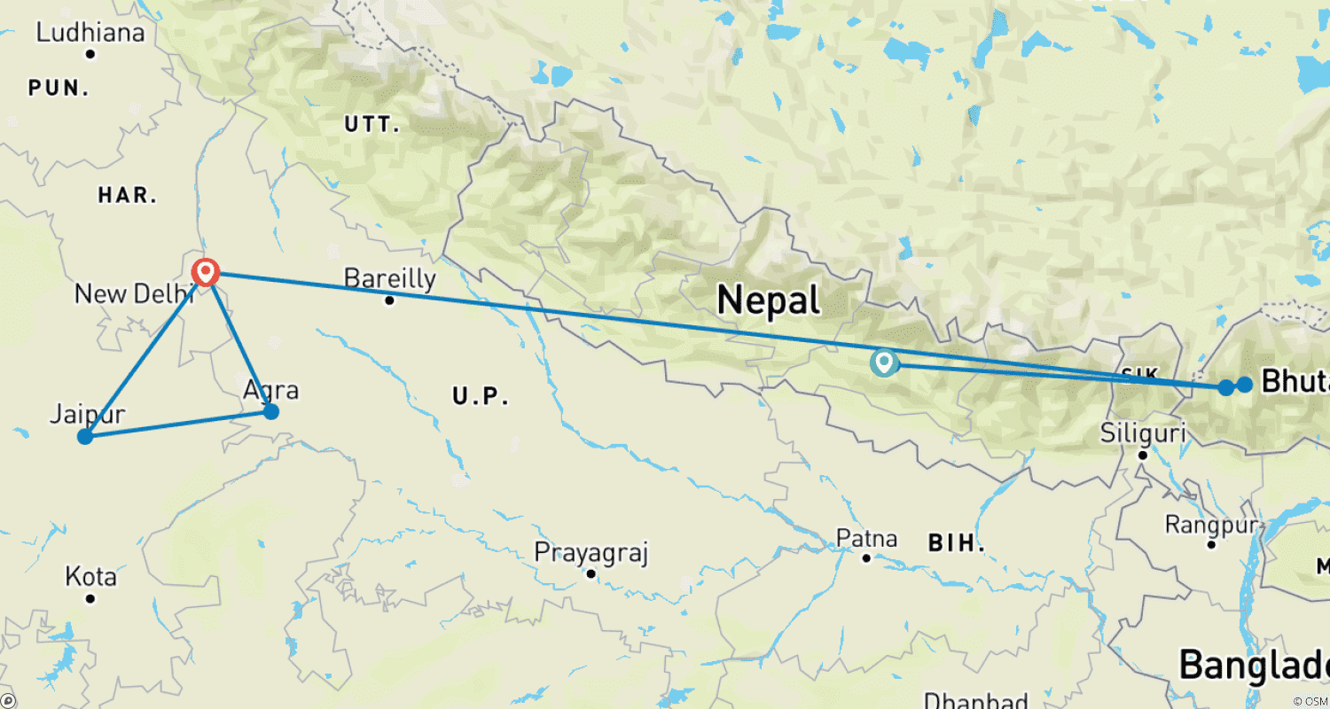 Mapa do percurso de Himalayan Odyssey: Nepal, Bhutan, India(Bespoke Private)