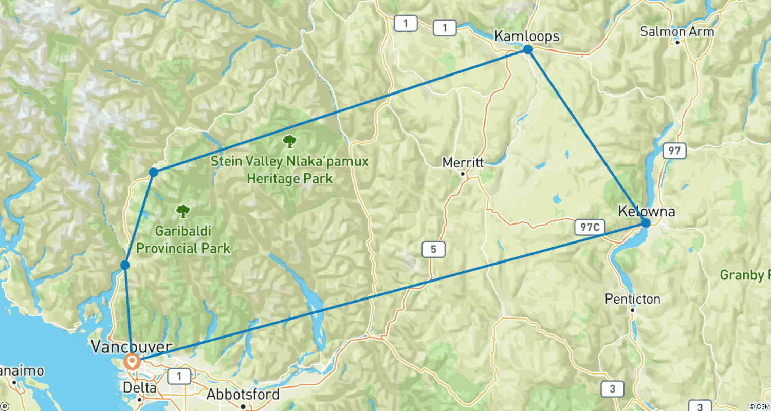 Mapa do percurso de 4 days Whistler, Salmon Arm, Kelowna, Tour from Vancouver