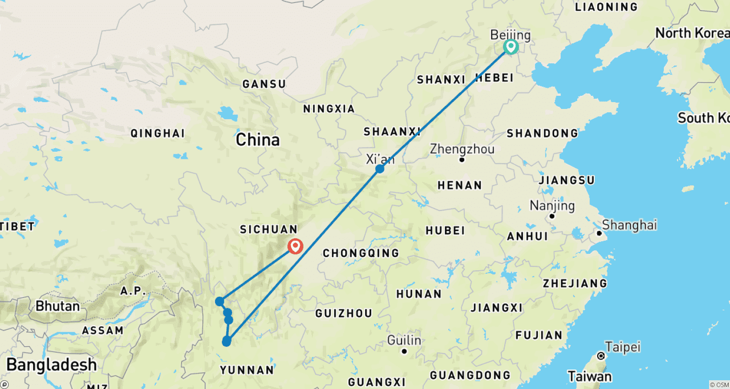 China Exploration: From Ancient Capitals to Shangri-La (Private Custom)のルートマップ