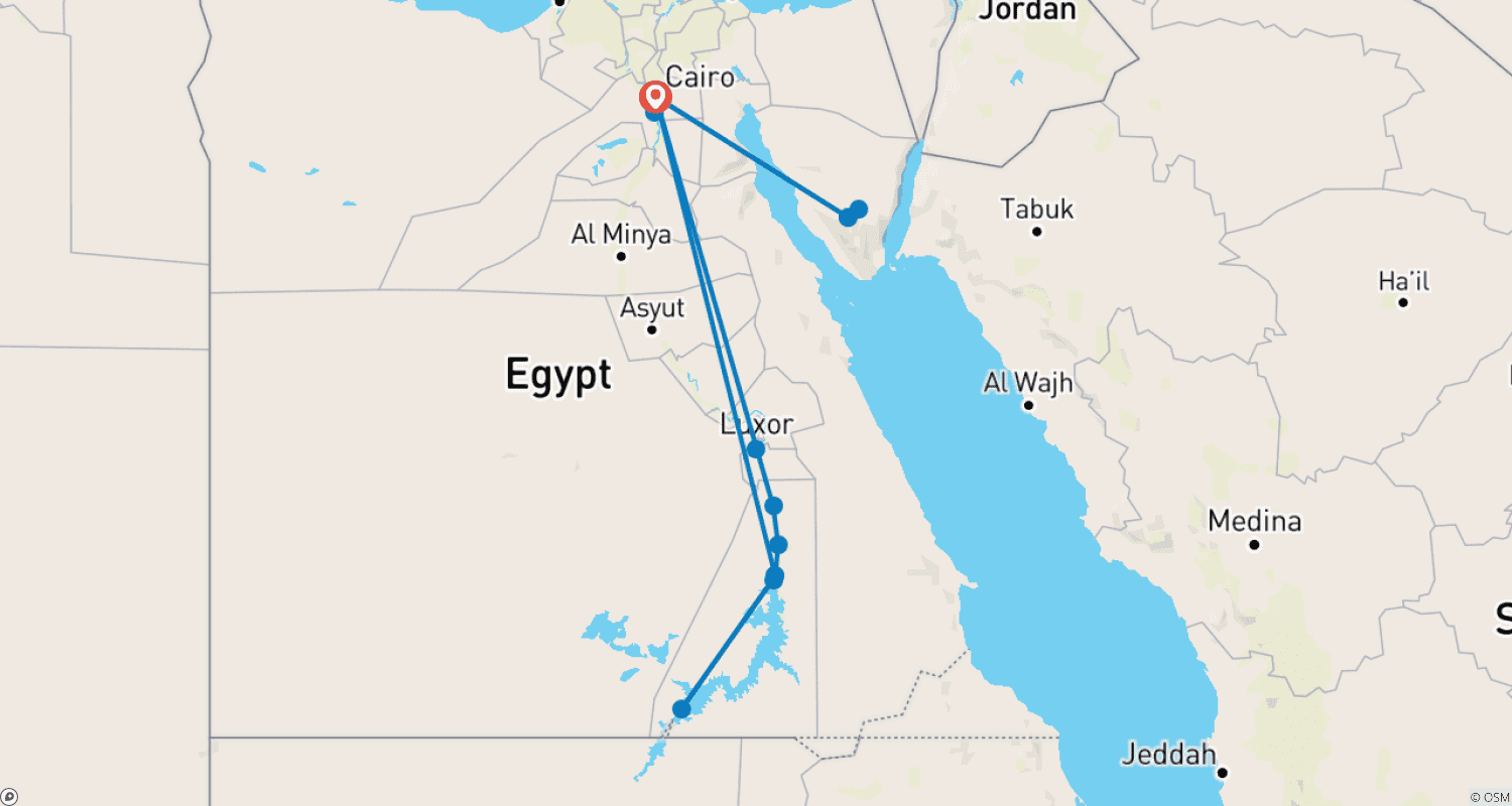 Mapa do percurso de GLÓRIA DO EGITO (Cairo/ Cruzeiro no Nilo/Monte Sinai) com voos incluídos