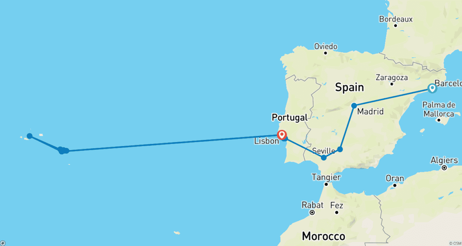 Mapa do percurso de Destaques de Espanha e Portugal com Açores
