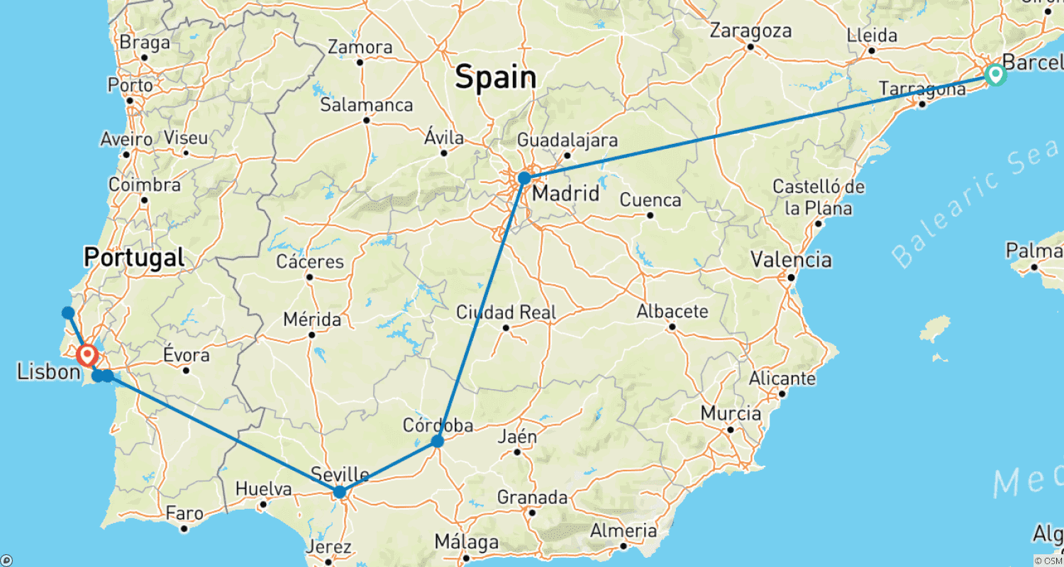 マデイラ島を巡るスペインとポルトガルのハイライトのルートマップ