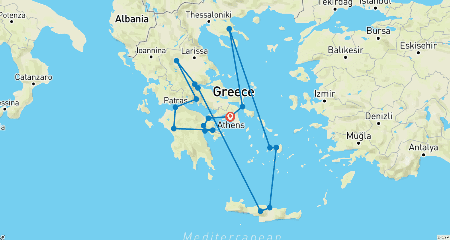 Mapa trasy: Klasyczna Grecja plus przygoda na greckich wyspach
