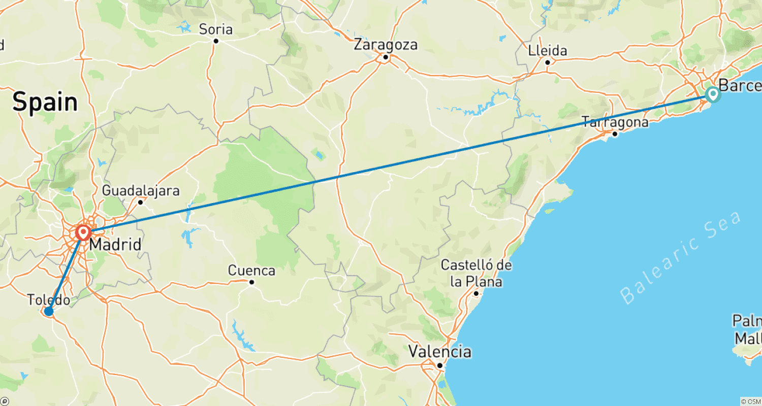 Mapa do percurso de Estadia Independente na Cidade de Barcelona e Madrid