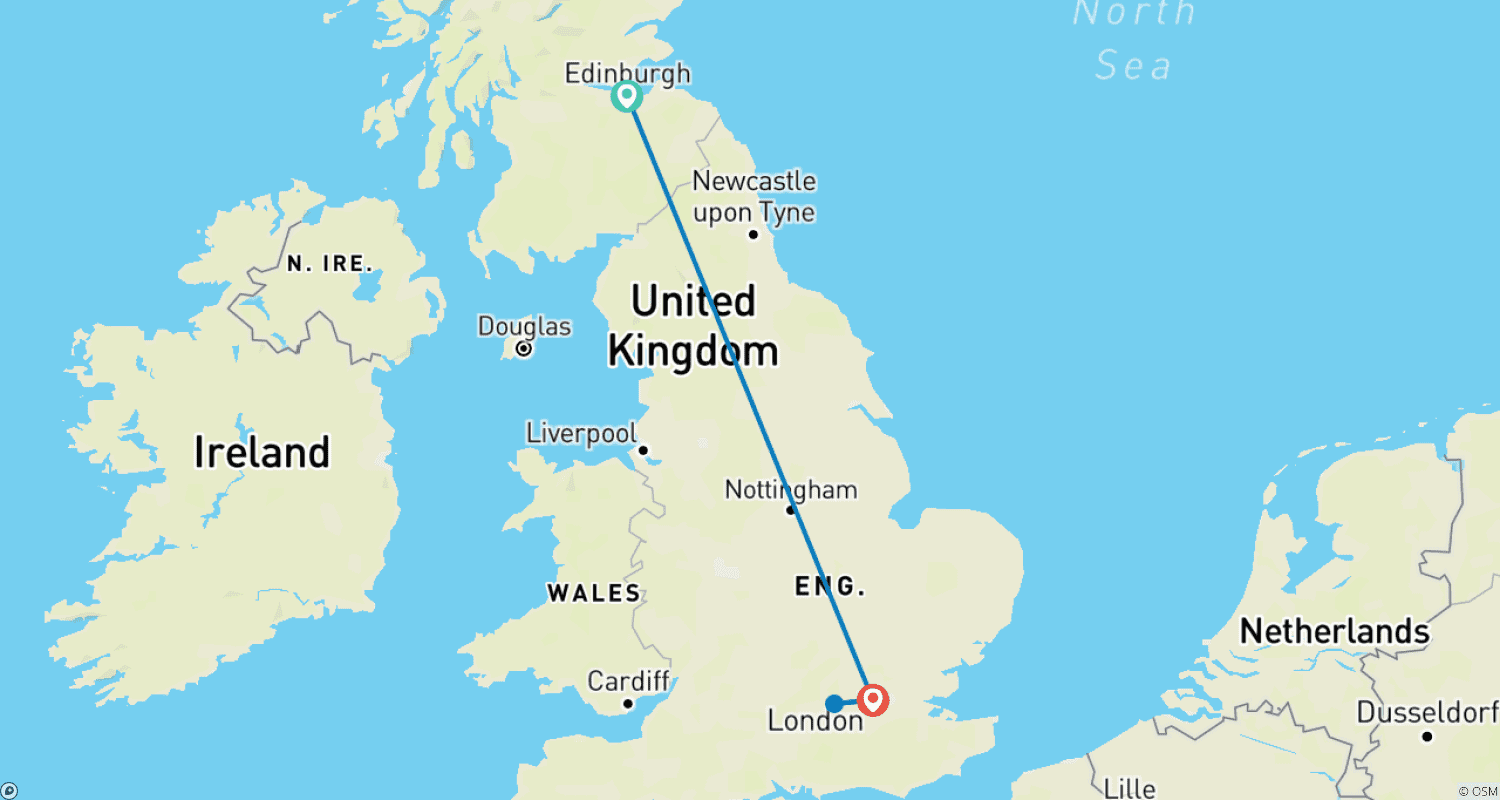 Mapa do percurso de Estadia Independente na Cidade de Edimburgo e Londres