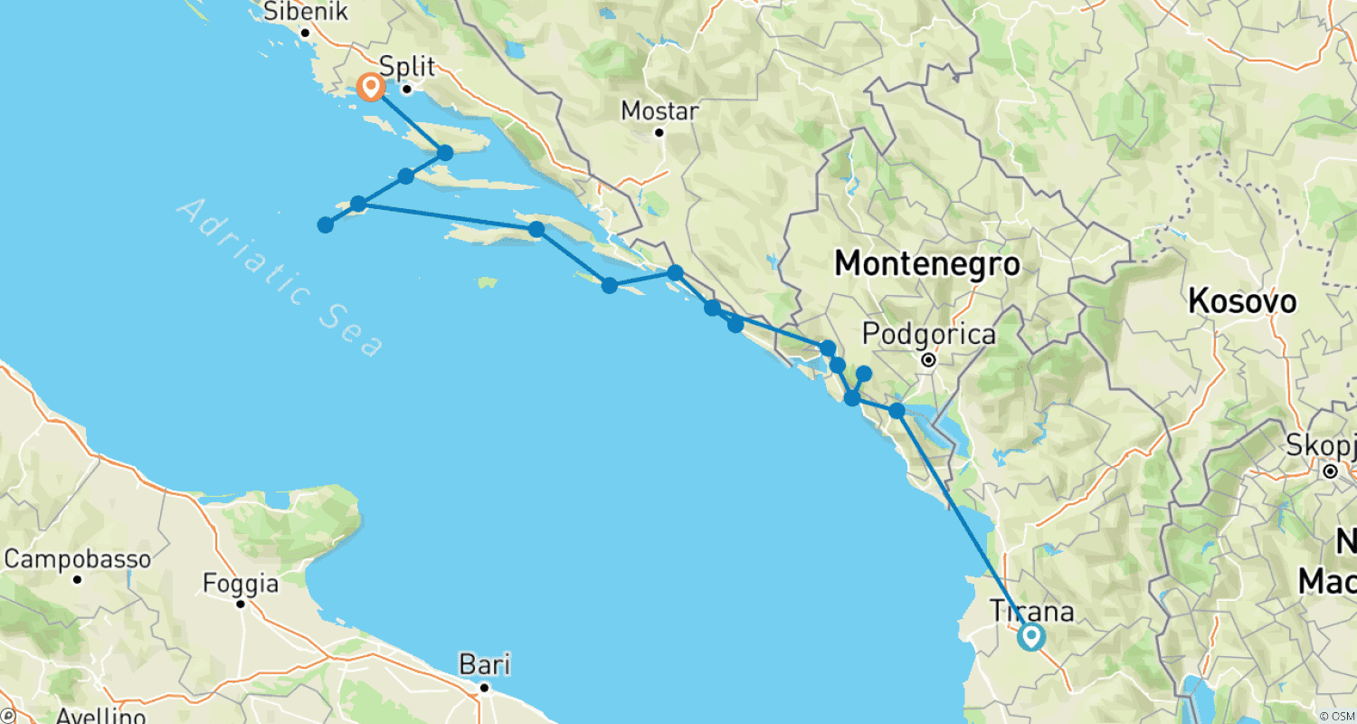 Mapa do percurso de Jóias dos Bálcãs com cruzeiro costeiro