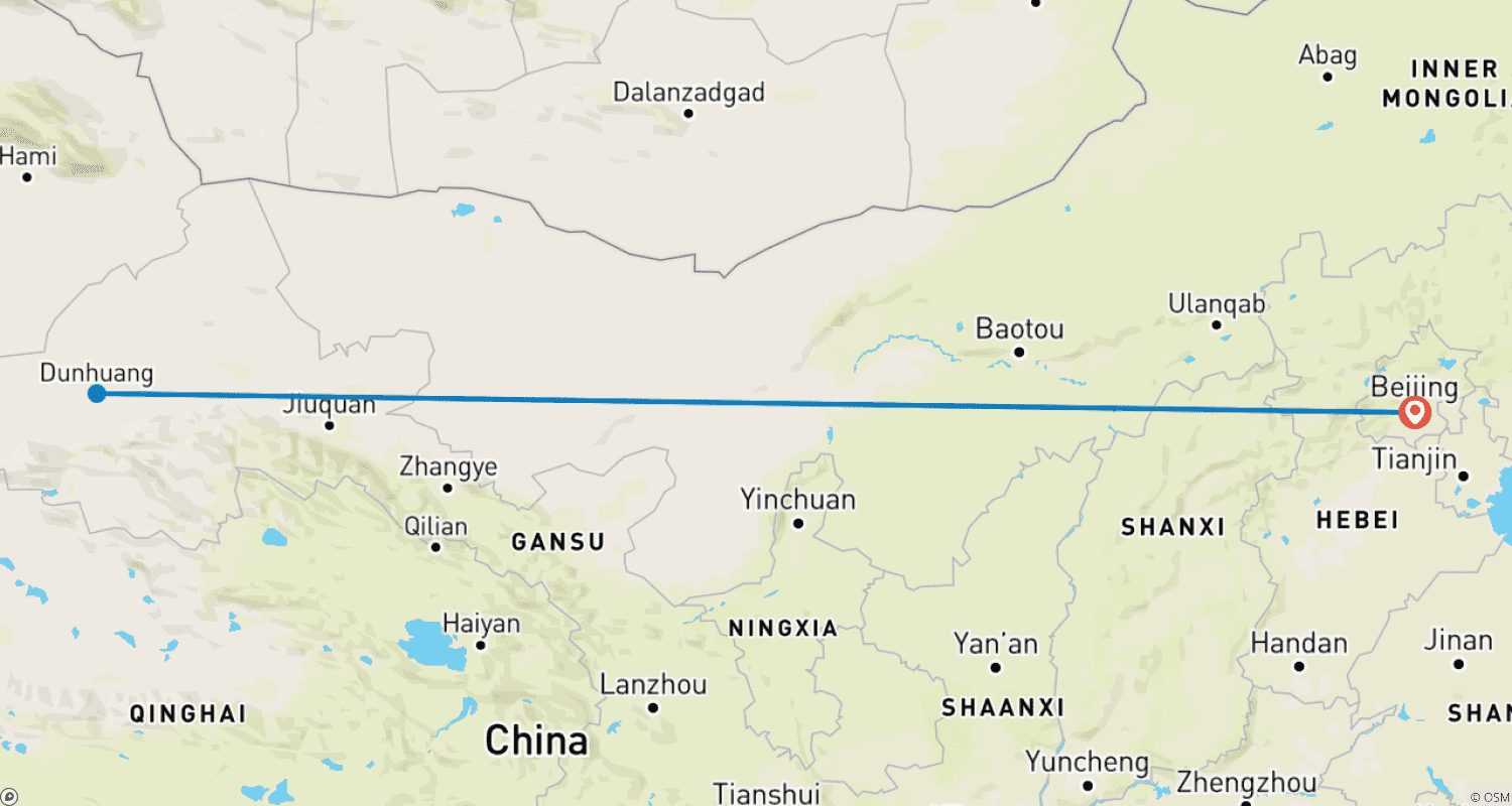 Mapa do percurso de Excursão Privada de 3 Dias às Grutas de Mogao em Dunhuang saindo de Pequim de Avião