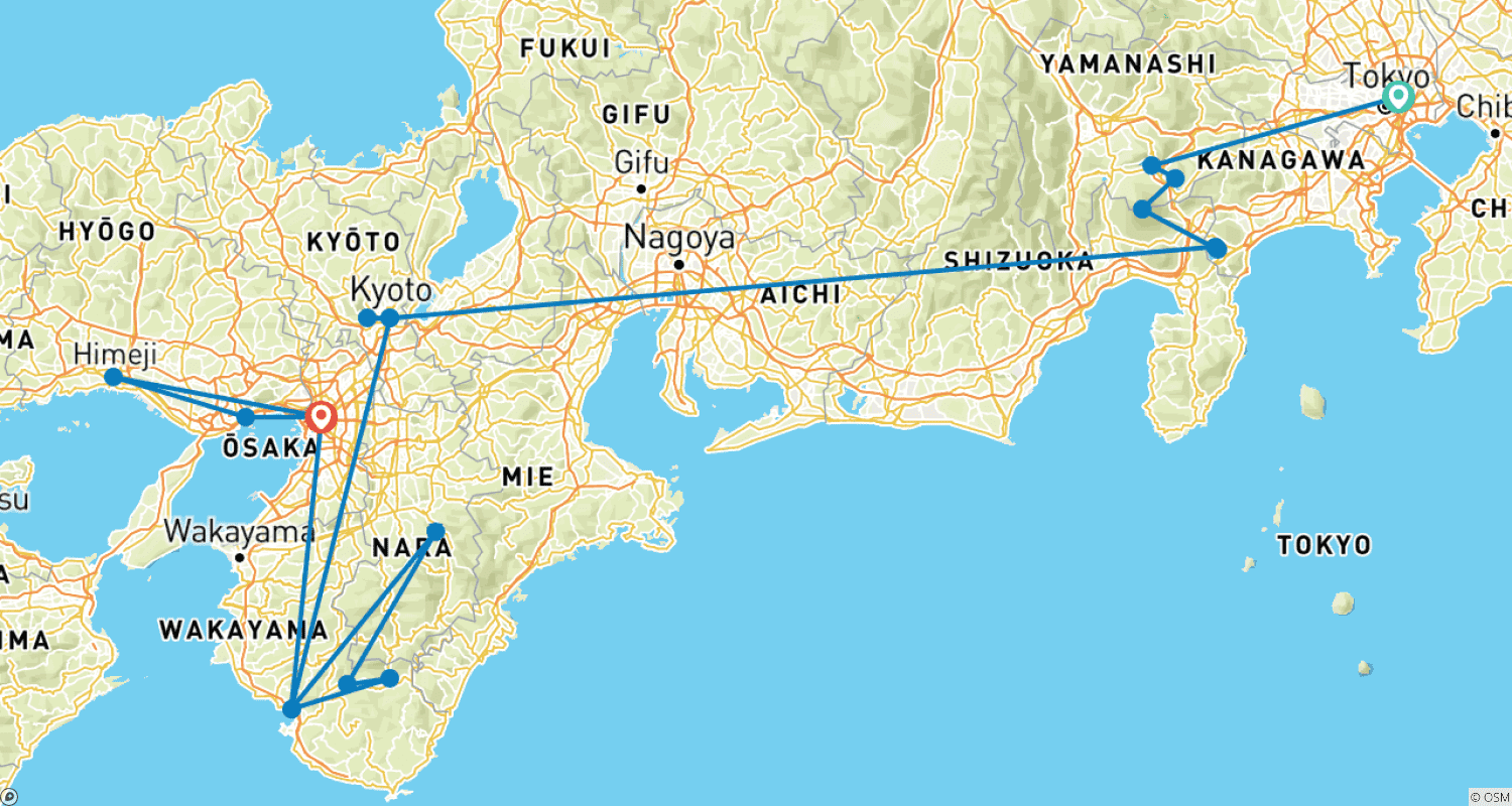 Mapa do percurso de Viagem de Outono no Japão Incluindo a Trilha Kumano Kodo (Personalizável Privado)
