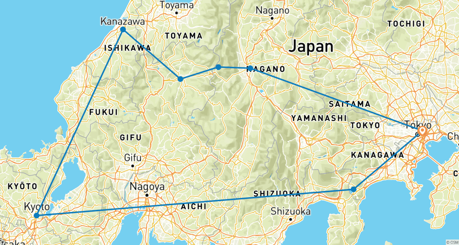日本アルプスハイキングツアー(カスタムプライベート)のルートマップ
