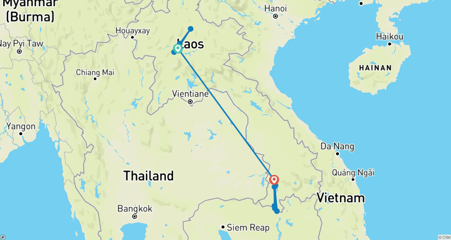 Mapa trasy: 9-dniowa podróż: Odkryj Północny i Południowy Laos oraz 4000 Wysp