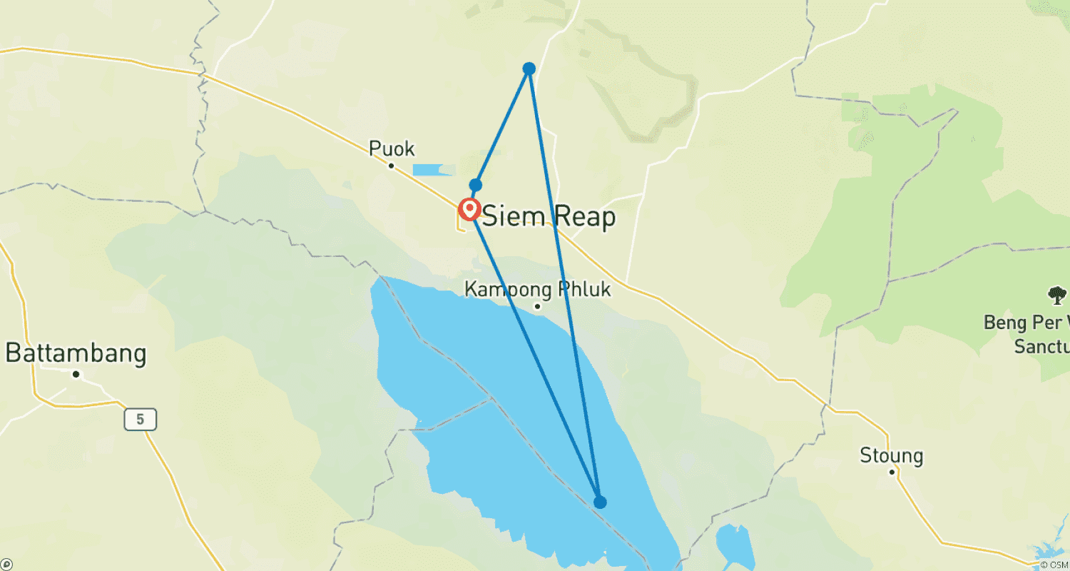 Mapa do percurso de 3 Dias em Angkor e Templos Circundantes - Camboja - Aldeia Flutuante - Caiaque - Jantar de Boas-Vindas
