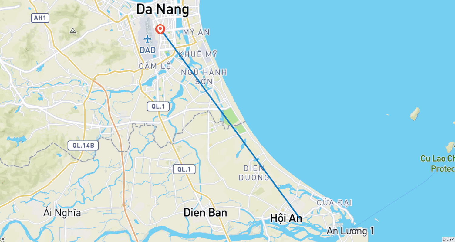 Mapa do percurso de 1 DIA Five Marble Mountain + Cidade Antiga de Hoian e Jantar