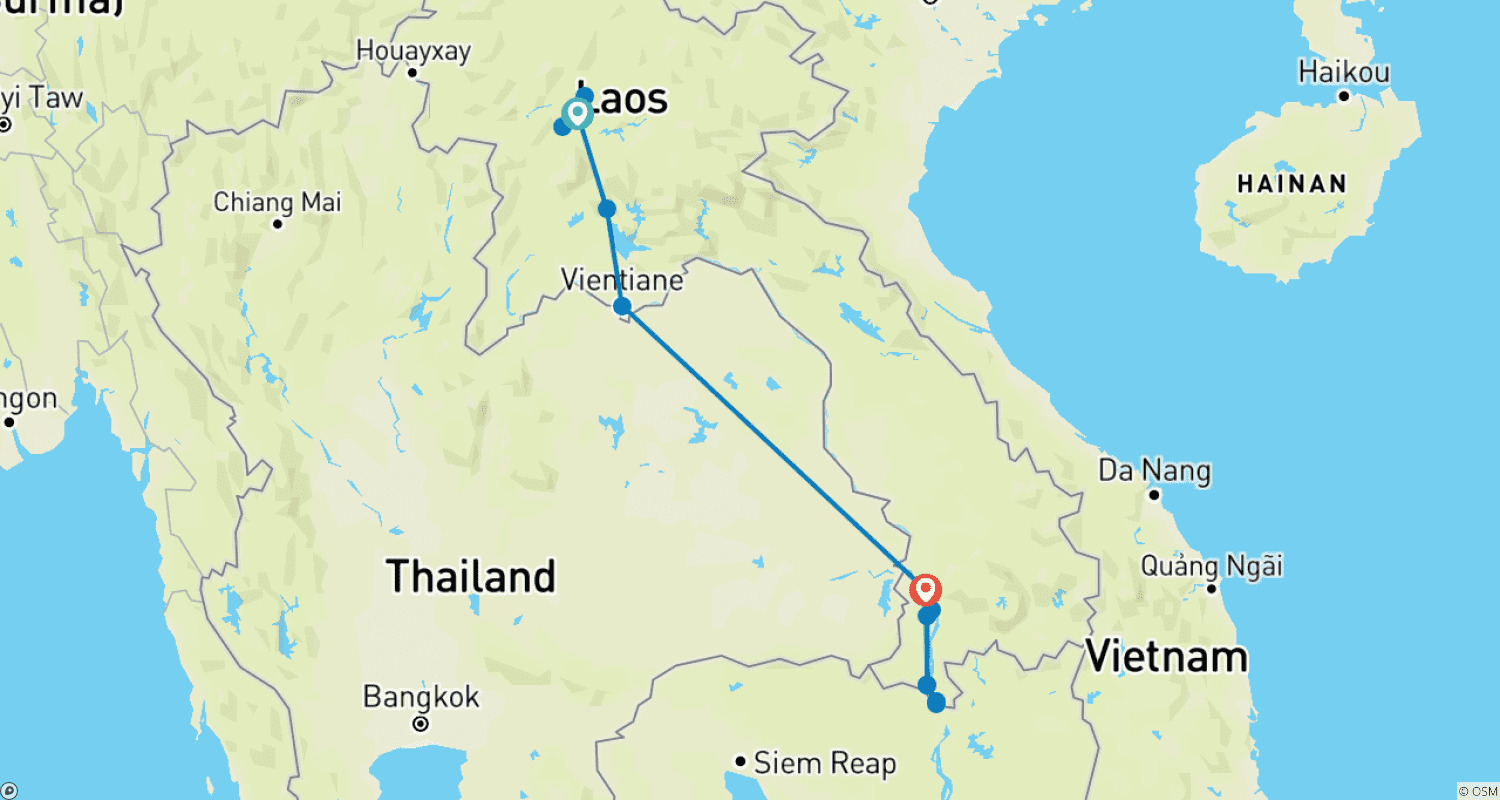 Mapa do percurso de Tesouros do Laos em 10 Dias