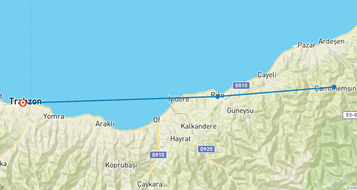 Rize Trabzon 4泊5日 プライベート北部ツアー バンガロー宿泊付きのルートマップ