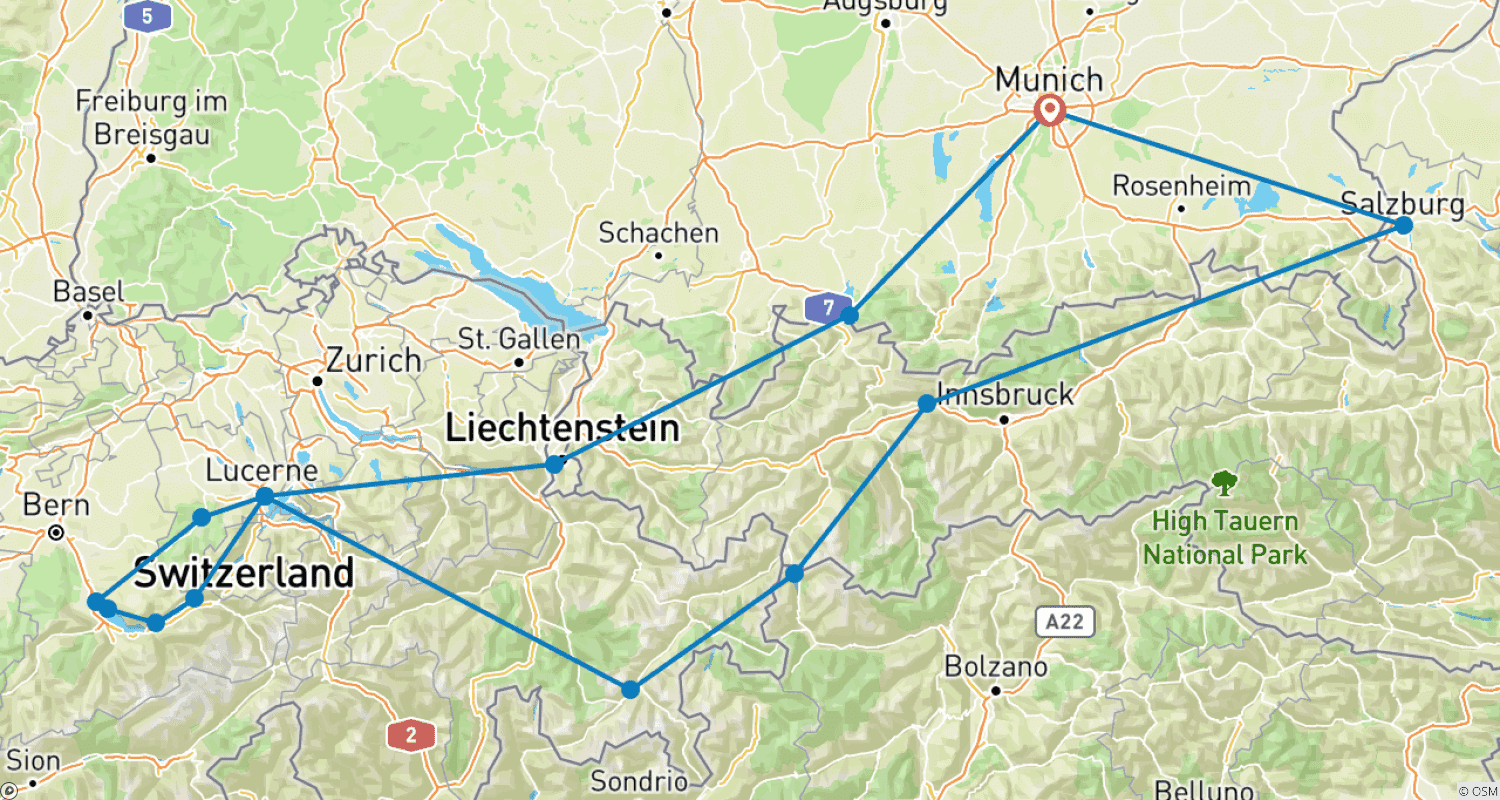 خريطة مسار Fall/Spring 5-Country Alpine Tour in a Porsche: Pre-set sat-nav guided