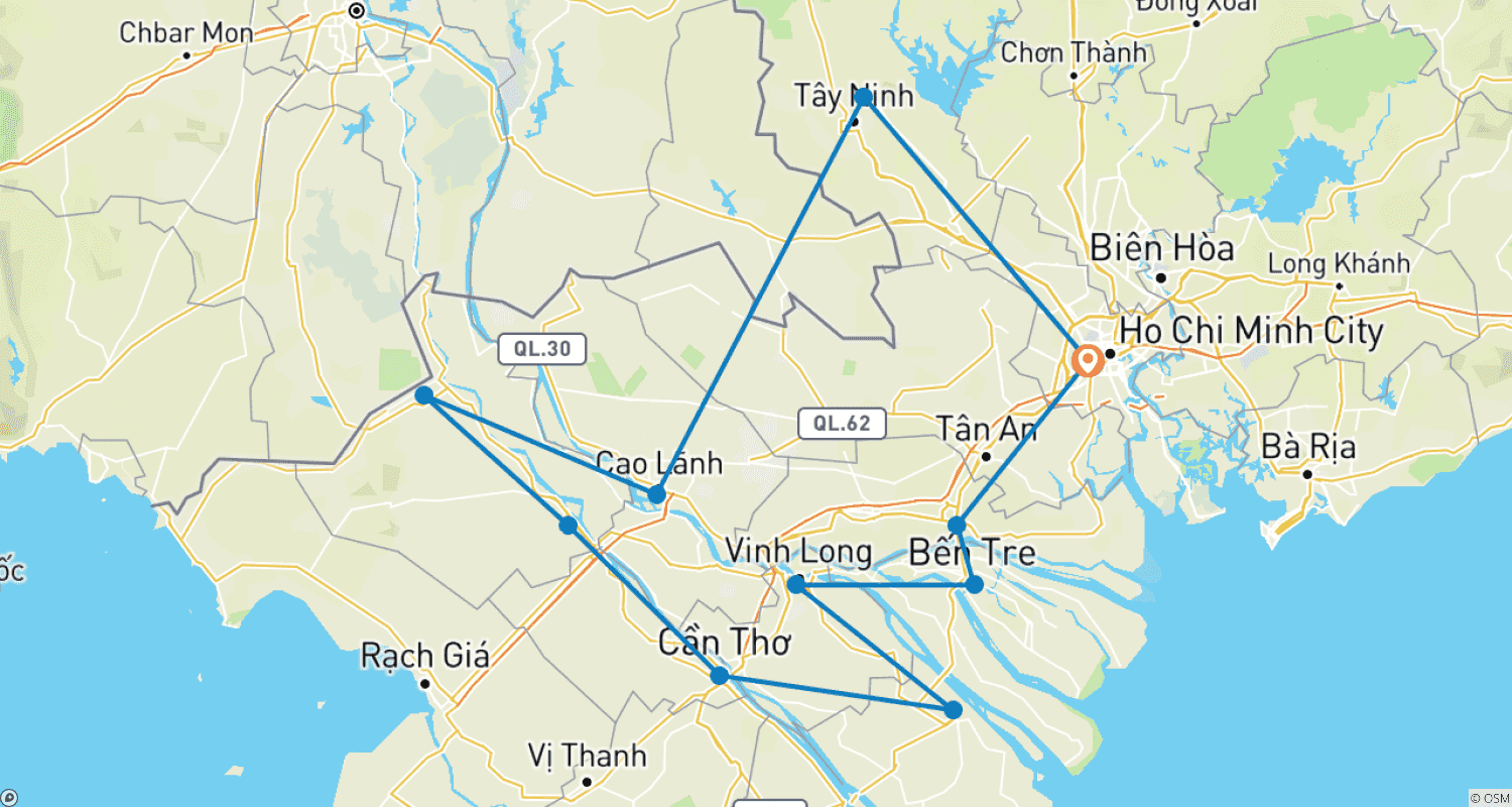 Cycling Through The Legendary Mekong Delta 6 Daysのルートマップ