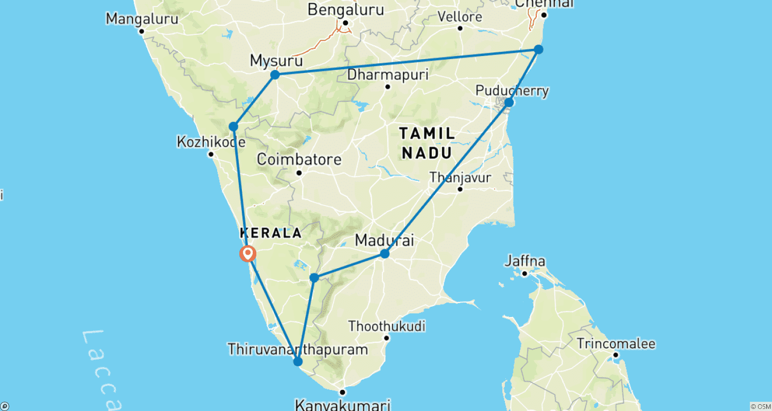 South India Tourのルートマップ