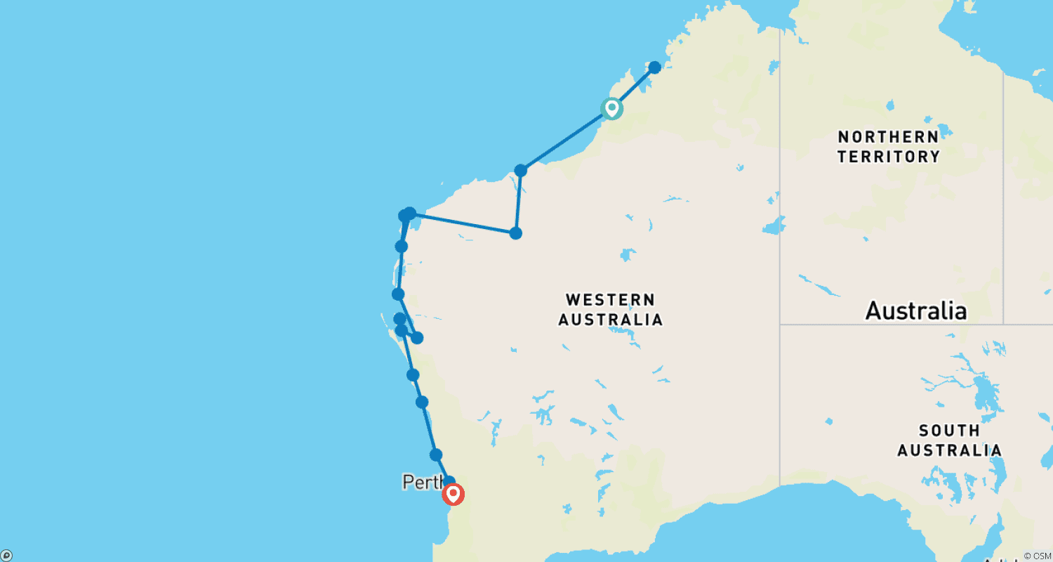 Mapa do percurso de Pilbara Selvagem e Costa Oeste (2025/2026, 13 Dias)