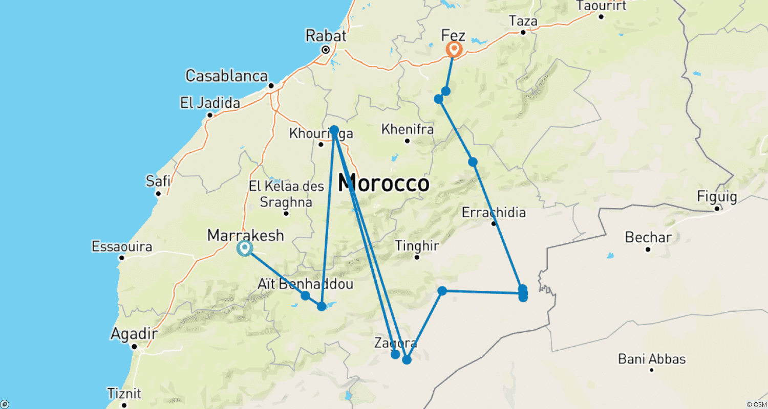 Mapa trasy: 6-dniowa prywatna wycieczka na pustynię z Marrakeszu