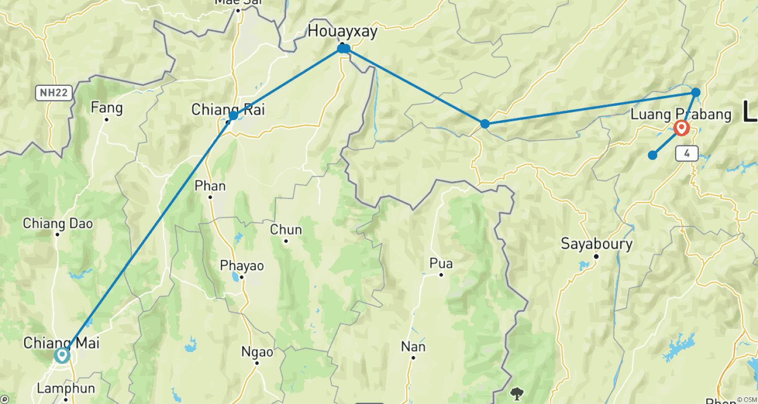 Mapa trasy: Dożywotni rejs po rzece Mekong z Chiang Mai do Luang Prabang przez Huay Xai, Pakbeng