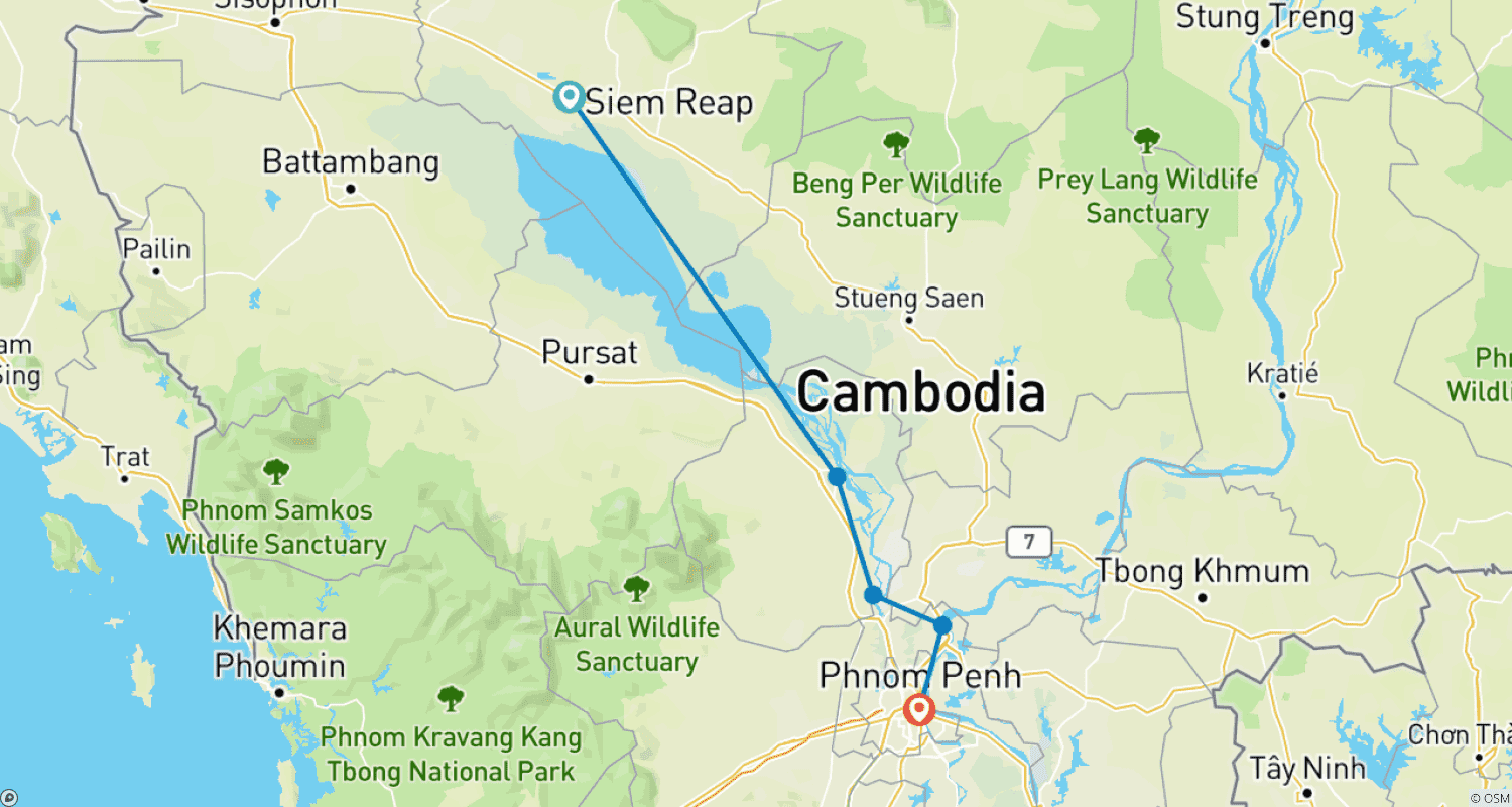 خريطة مسار رحلة بحرية لمدة 3 أيام في نهر ميكونغ باتجاه المصب من Siem Reap إلى بنوم بنه
