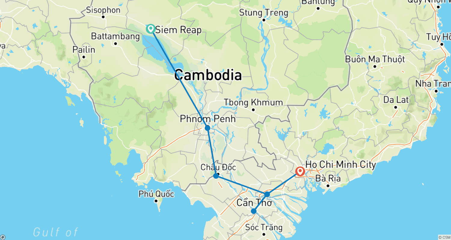 Mapa do percurso de Cruzeiros pelo Rio Mekong (Rio Abaixo) do Camboja ao Vietnã – 10 Dias