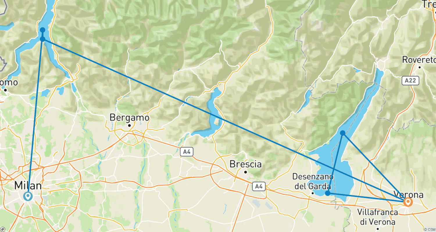 Two Cities & Two Lakes: From Como to Veronaのルートマップ