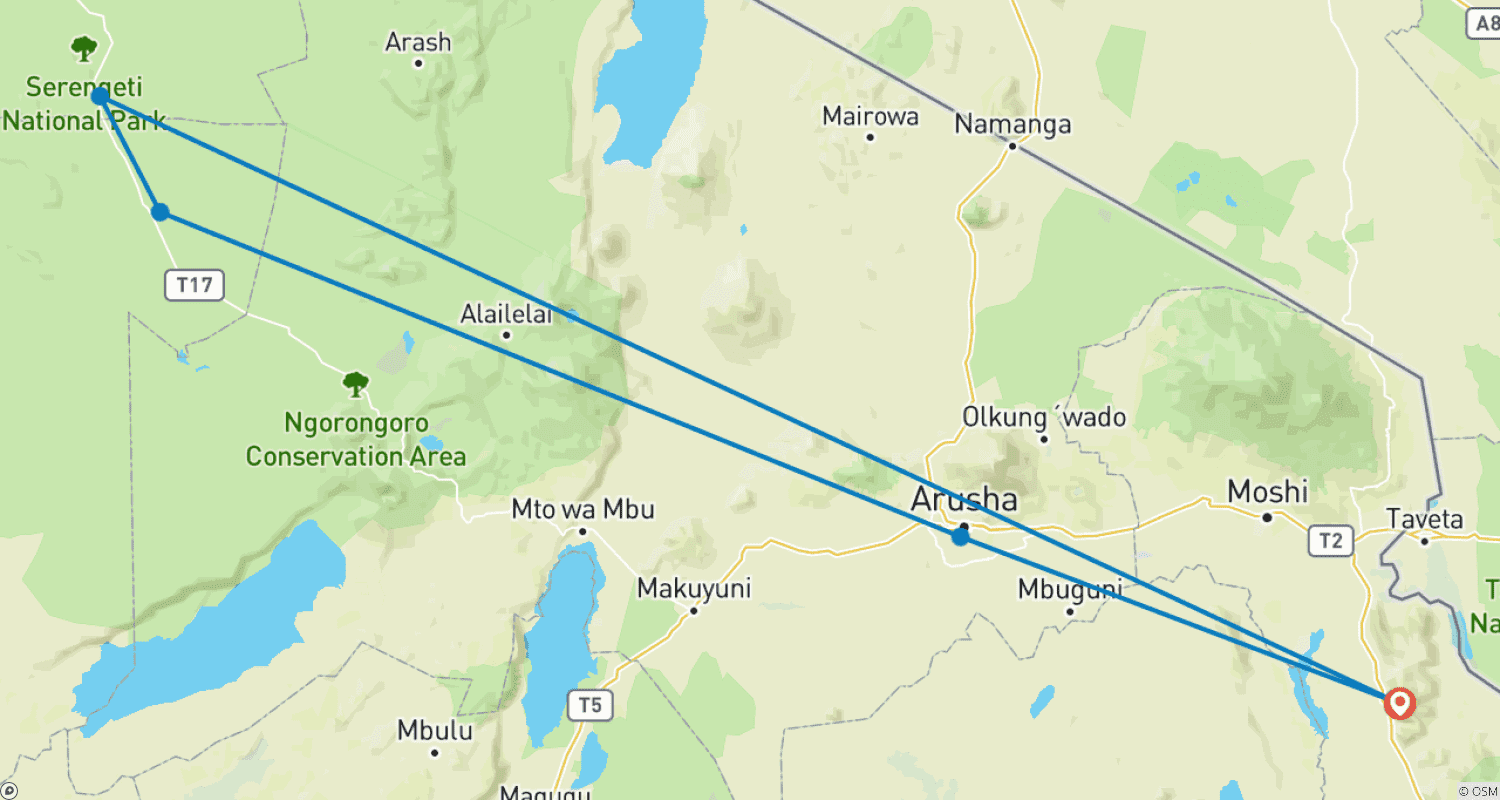 Mapa do percurso de Safari Aéreo de 5 Dias no Serengeti