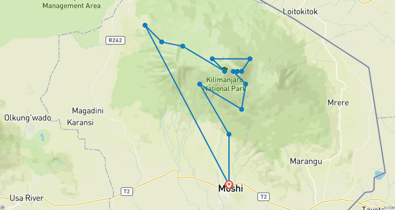 خريطة مسار 10 Days Northern Circuit Crater Route
