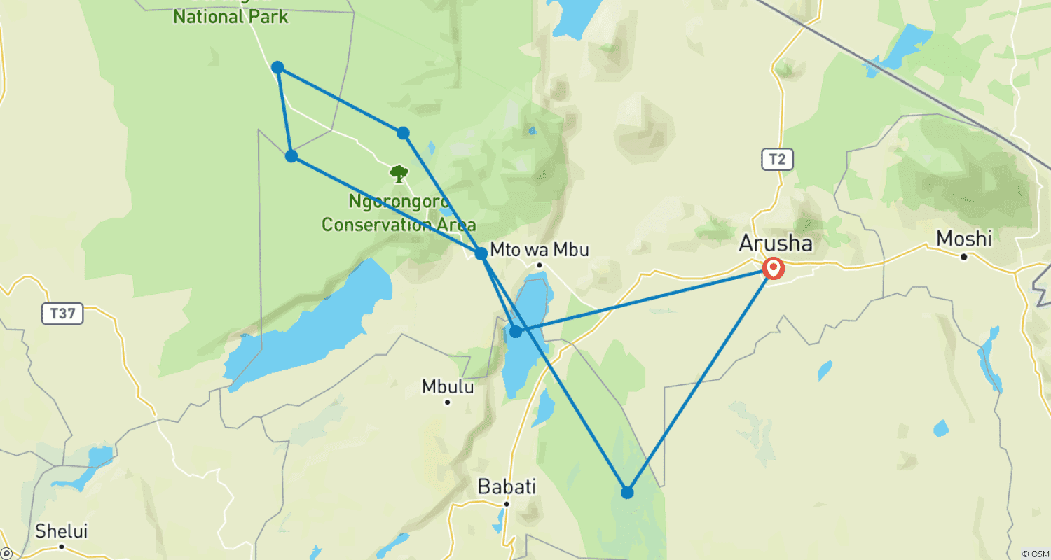 Mapa do percurso de 6 Dias de Destaques da Grande Migração na Tanzânia. (Dezembro-Maio)