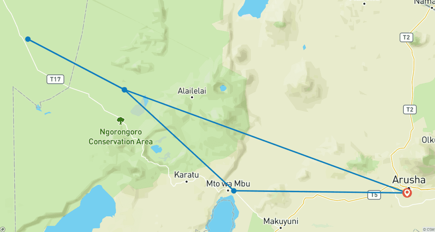Mapa do percurso de 4 Dias: Serengeti & Ngorongoro (4x4 em Grupo Programado)