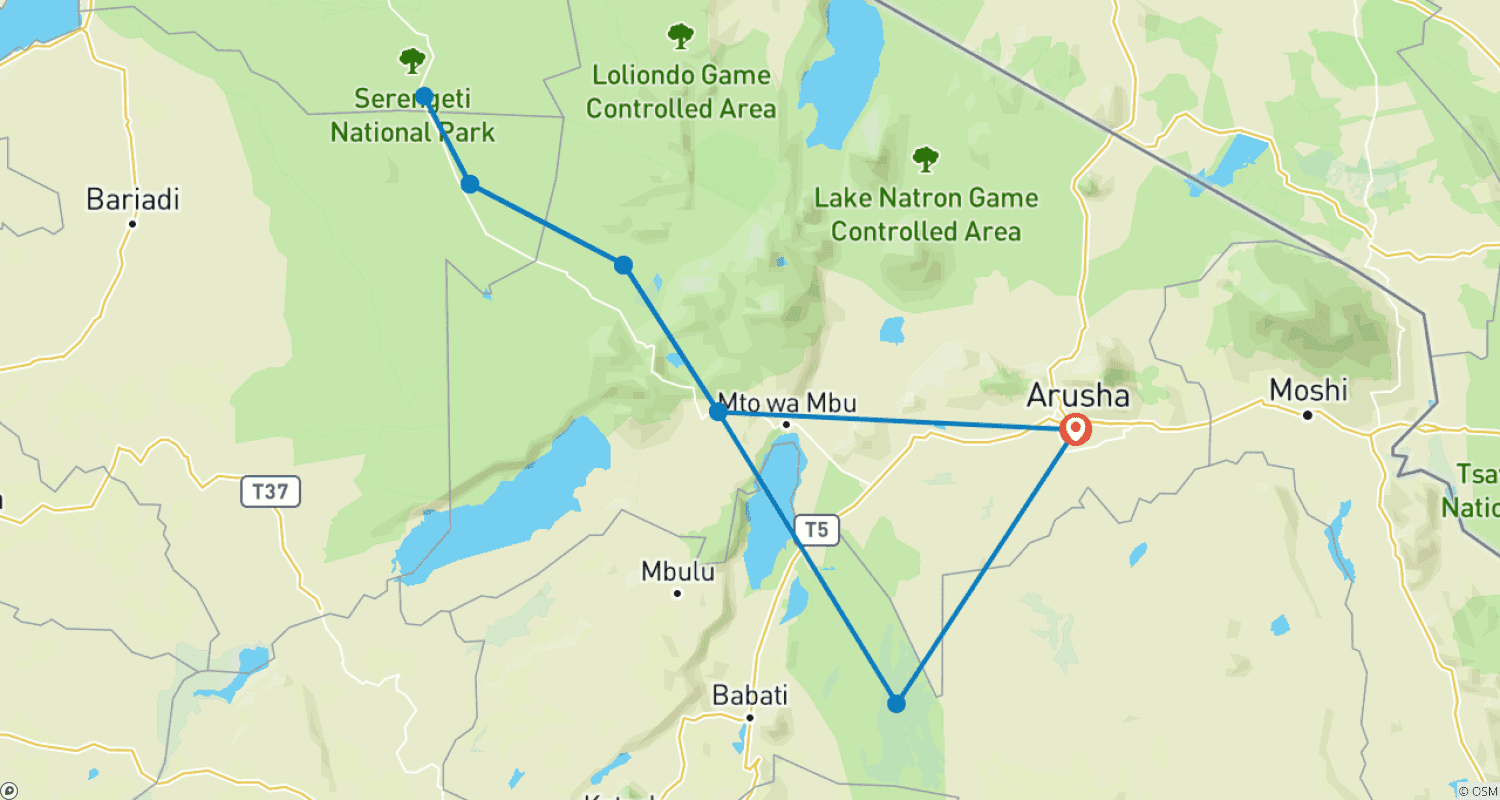 Mapa do percurso de Safári Privado Definitivo de 4 Dias: Serengeti, Ngorongoro e Tarangire.