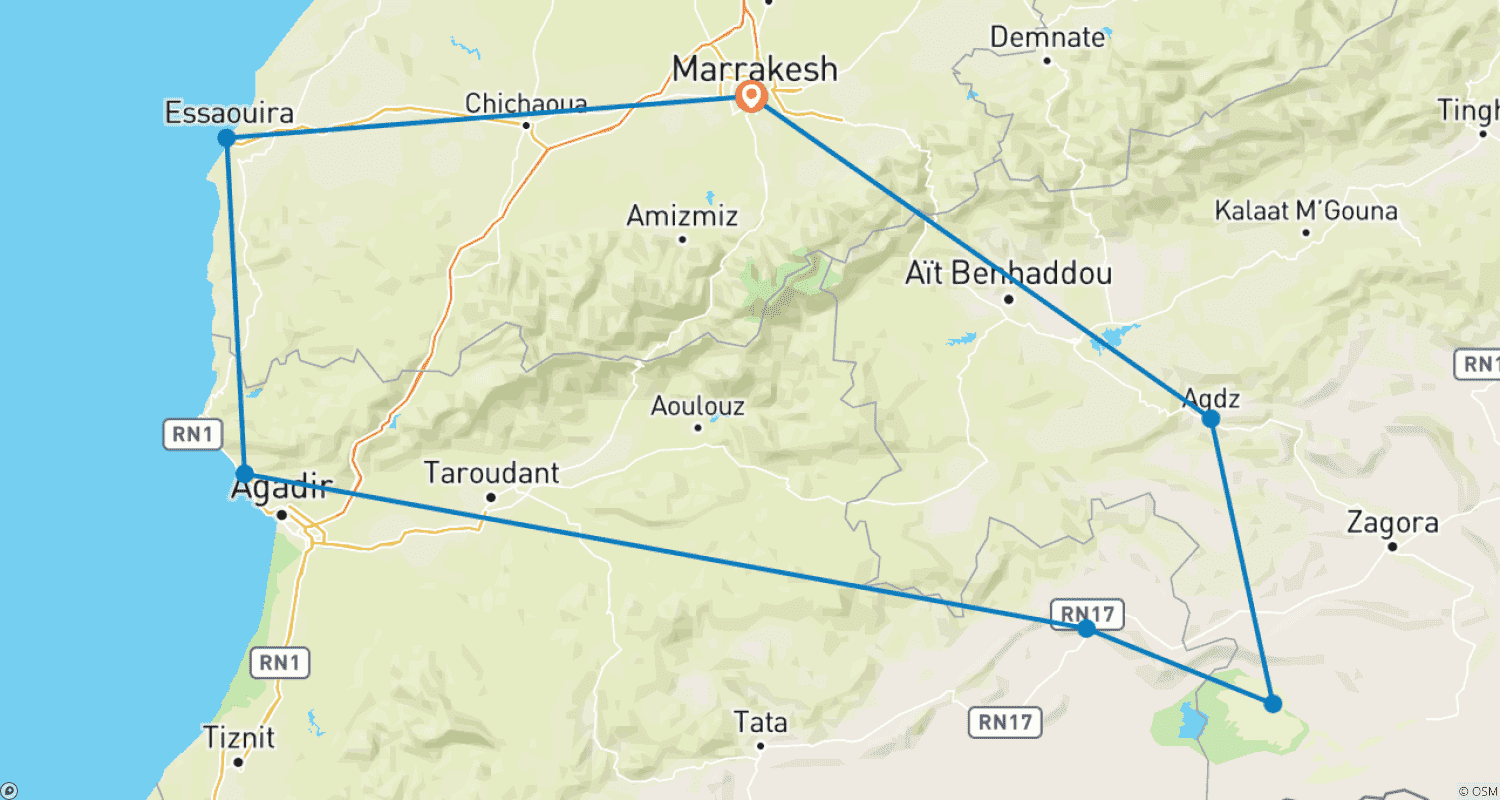 Mapa do percurso de Marrocos Majestoso: Aventura do Deserto à Costa Atlântica