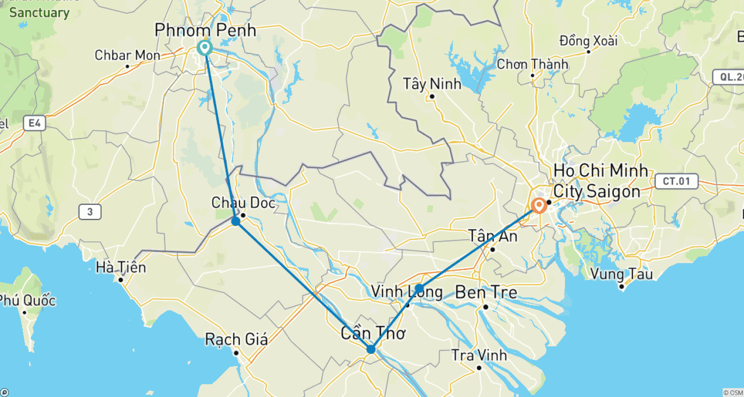خريطة مسار 4-Day Downstream Mekong Cruise Tours From Phnom Penh To Saigon Via Can Tho, Chau Doc, Cai Be By Mekong Eyes Cruise