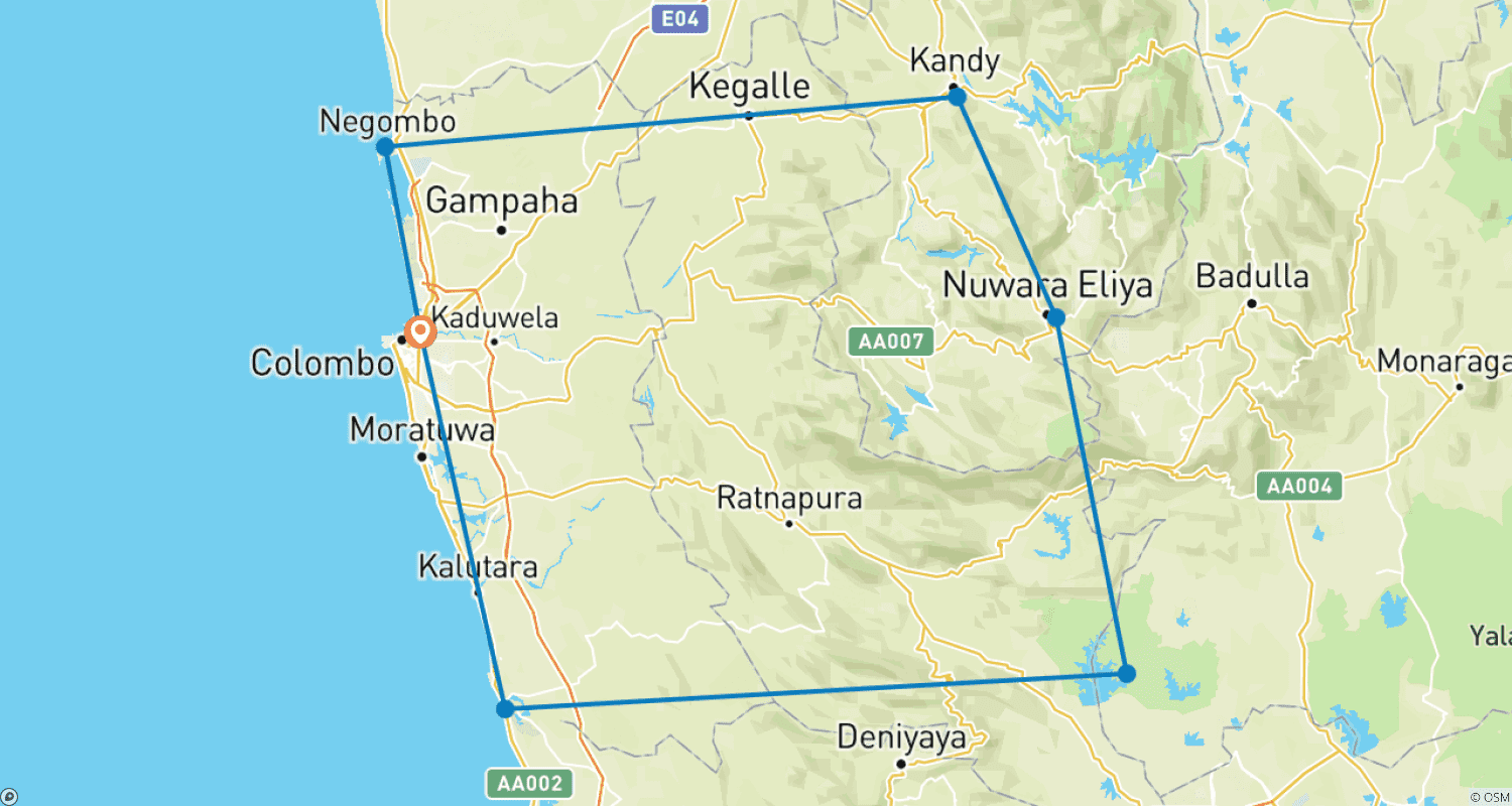 Mapa do percurso de Expedição Esplendores do Sri Lanka 9 Dias