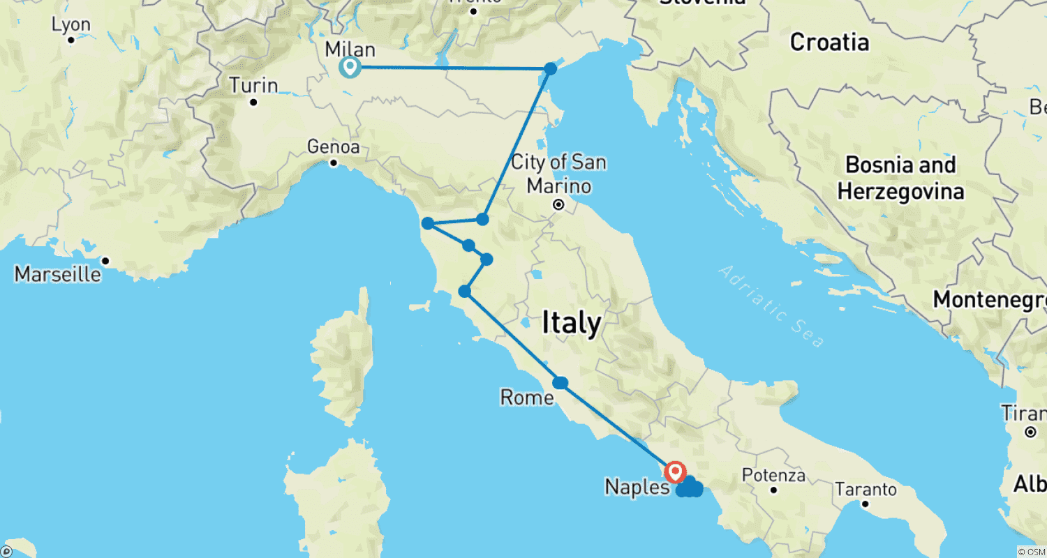 Mapa do percurso de Itália Absoluta: De Milão à Costa Amalfitana