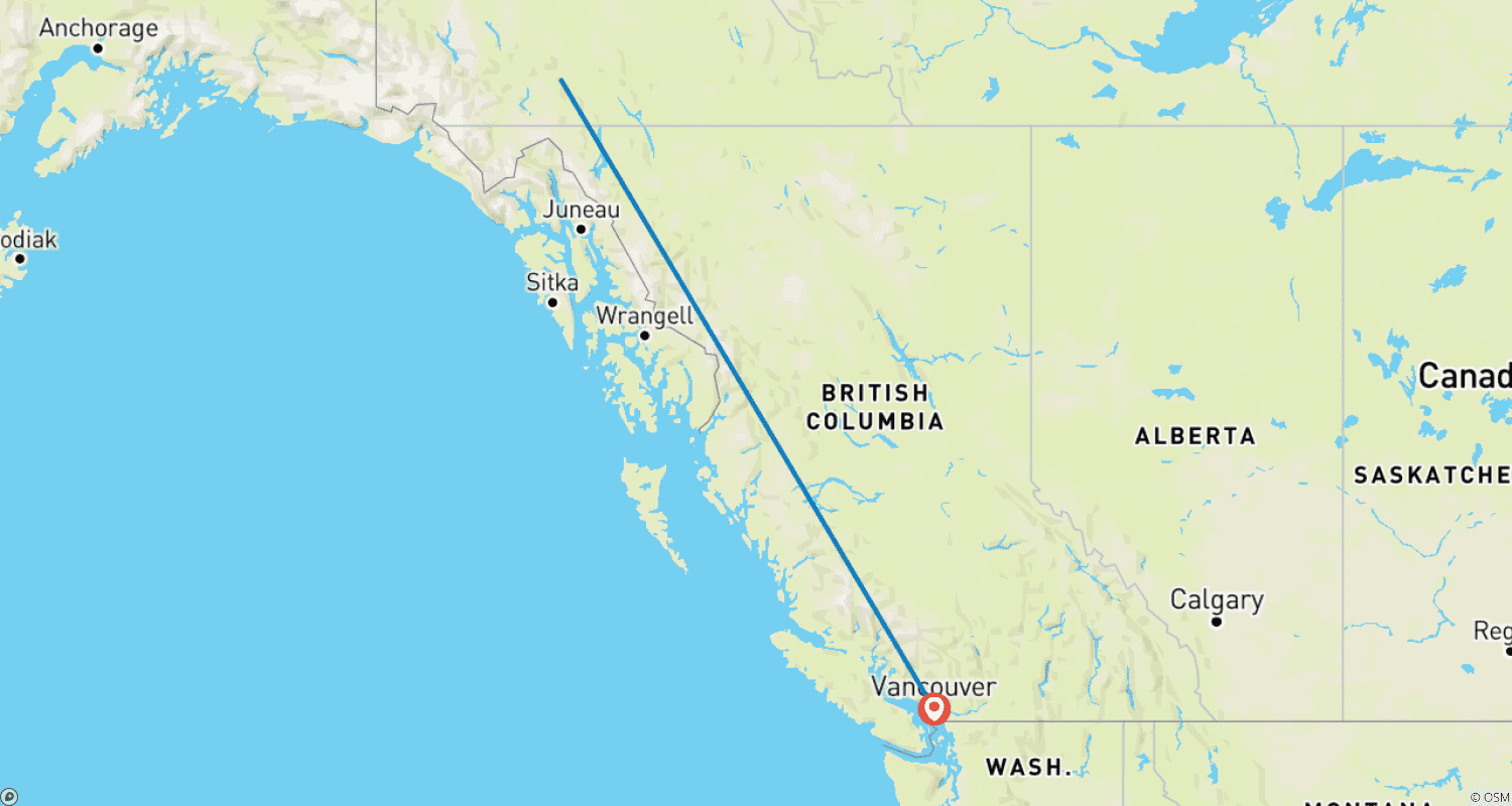 Mapa do percurso de Escapada Aurora Sabores do Norte saindo de Vancouver