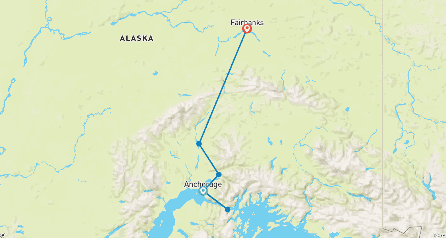 Mapa trasy: Zorza Polarna na Alasce (Anchorage, AK do Fairbanks, AK)