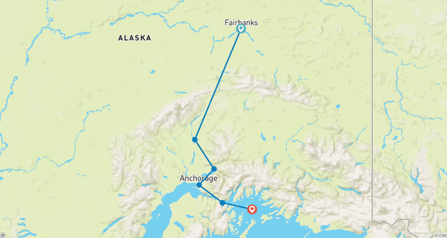 Mapa trasy: Zorza Polarna Alaski (Fairbanks, AK do Anchorage, AK)