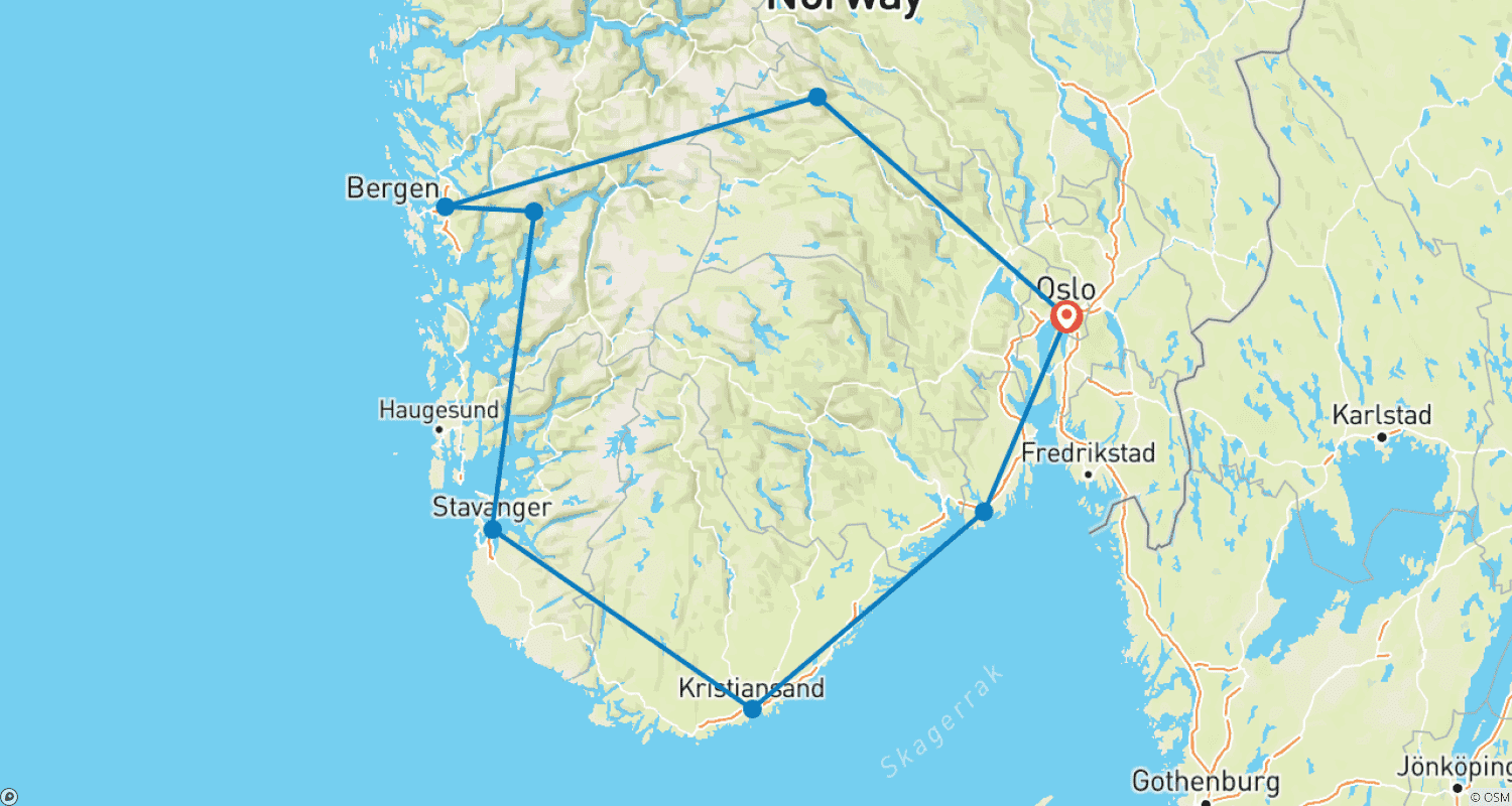 Mapa do percurso de Aventura no Sul da Noruega: Roadtrip por Fiordes e Cachoeiras