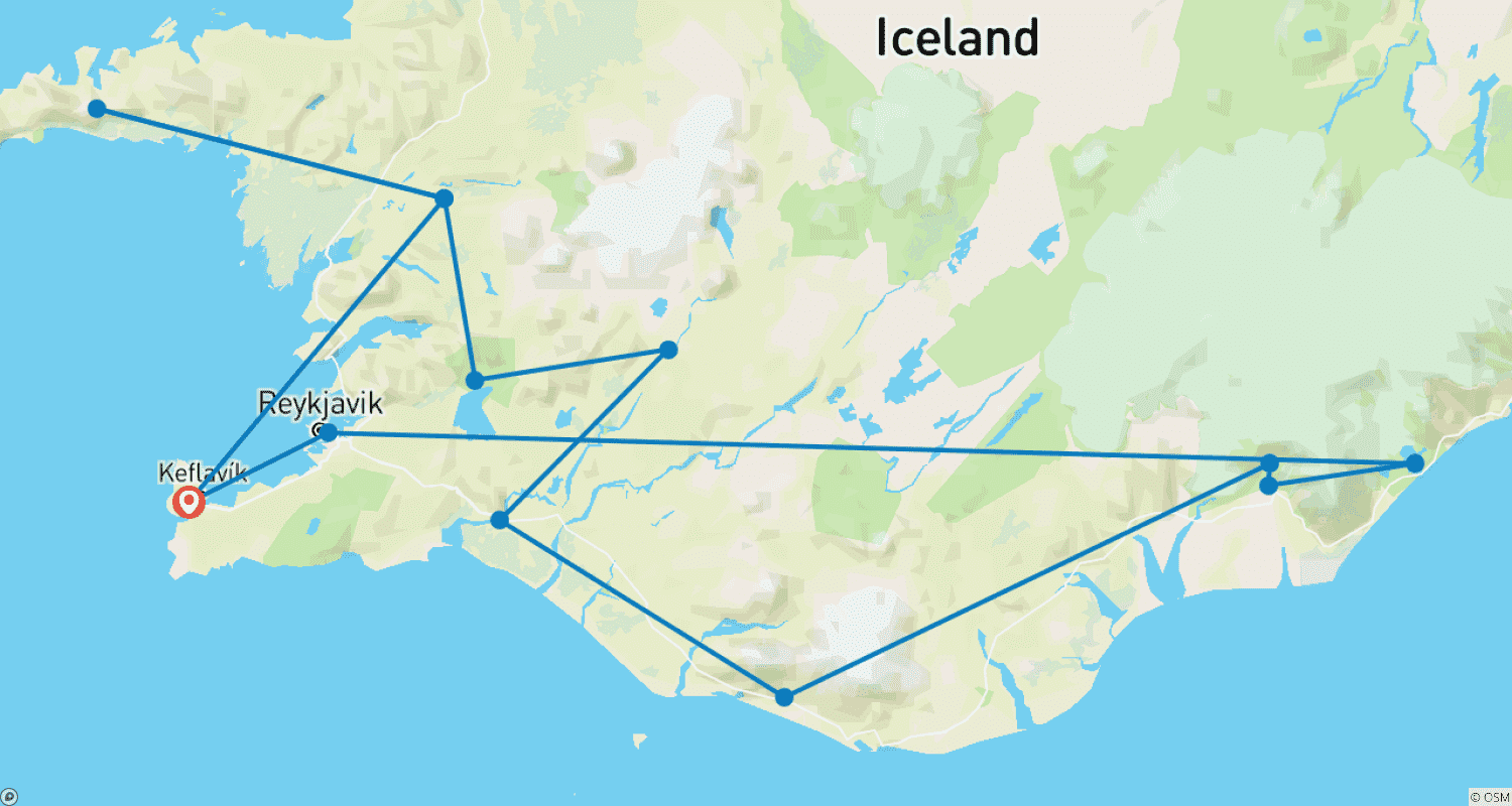 Mapa do percurso de Aventura de Inverno na Islândia: Road Trip Sob a Aurora Boreal