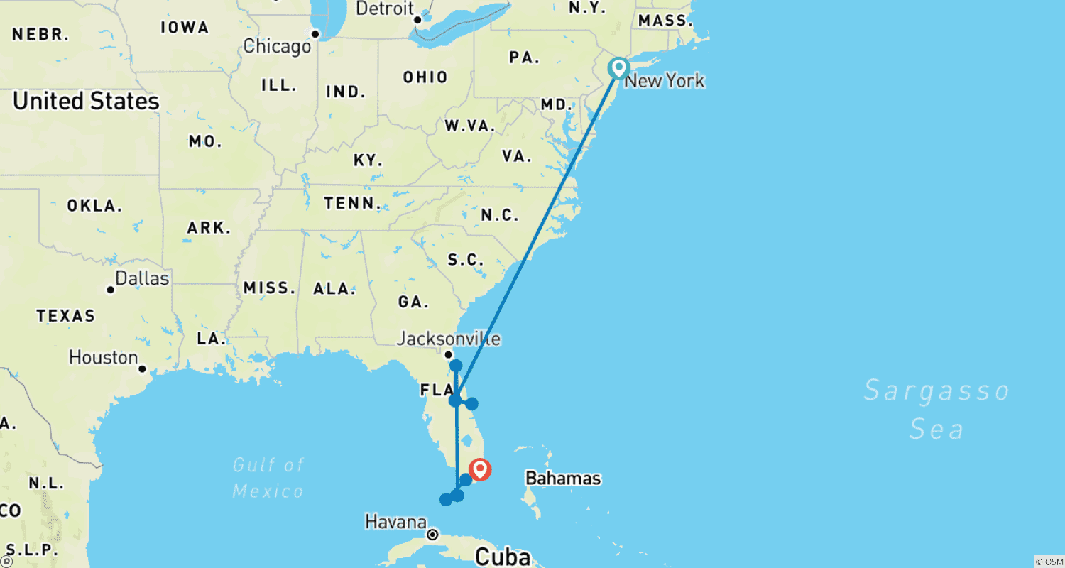 Mapa do percurso de Nova Iorque & Flórida: Da Big Apple ao Estado do Sol (6 destinos)