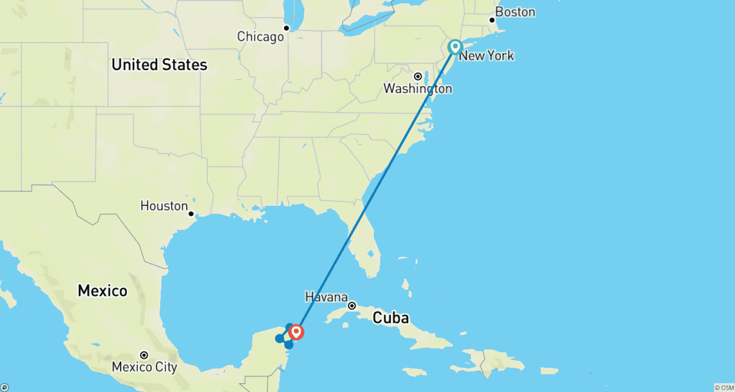 Mapa do percurso de Nova Iorque e México: Da Big Apple ao Misticismo Maia
