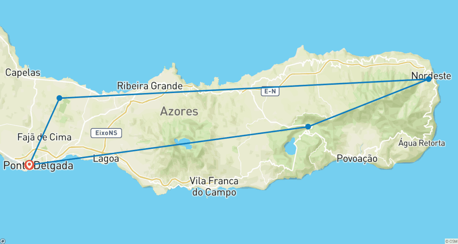 Mapa trasy: Wycieczka samochodowa po Azorach: Życie wśród jezior i lasów na São Miguel (w tym Fenais da Luz)