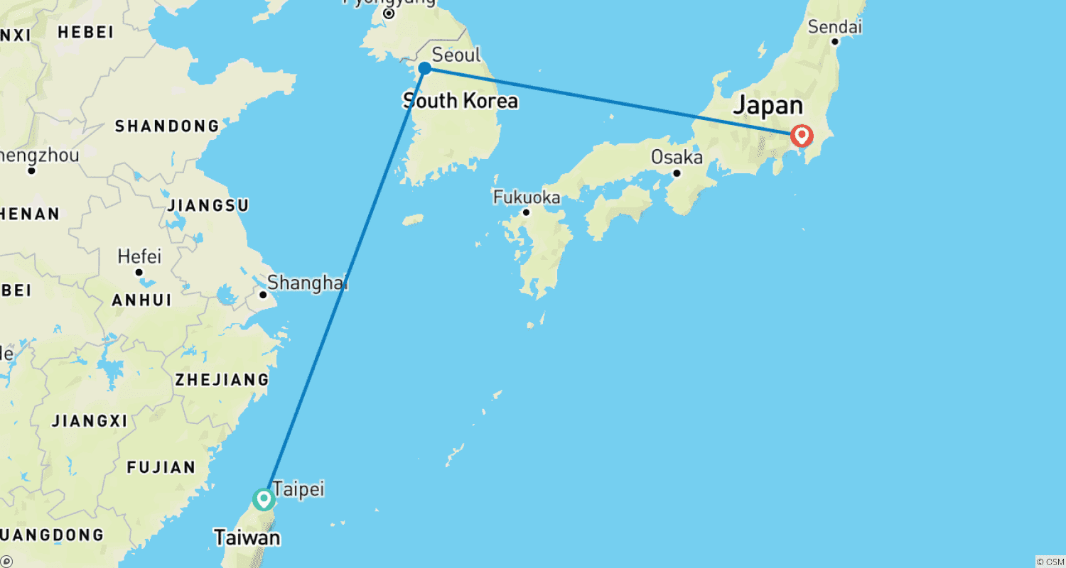 Mapa do percurso de Taiwan, Coreia do Sul e Japão: De Dragões de Templo a Horizontes Urbanos