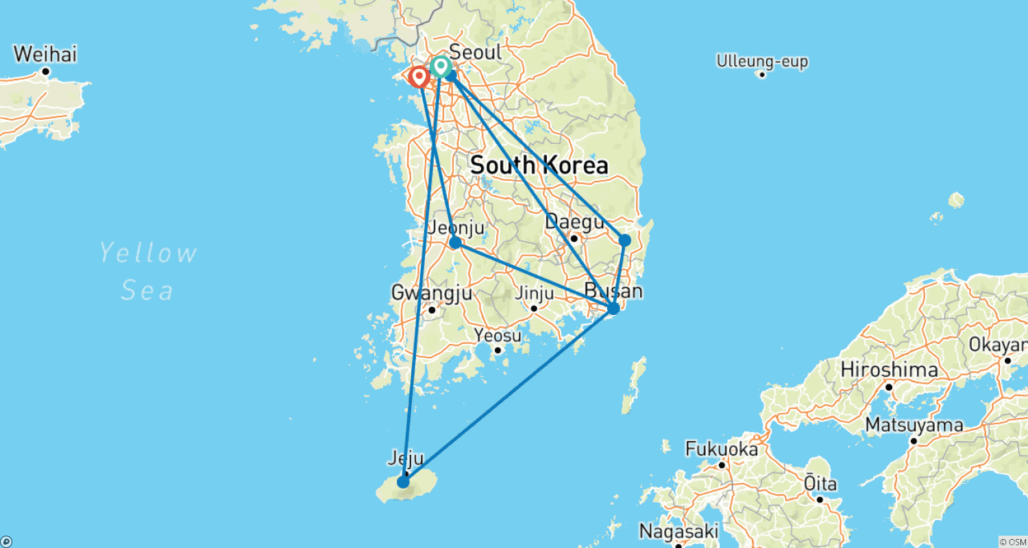 Mapa do percurso de Lista de Desejos da Coreia do Sul: Horizontes, Templos e Aventuras em Ilhas