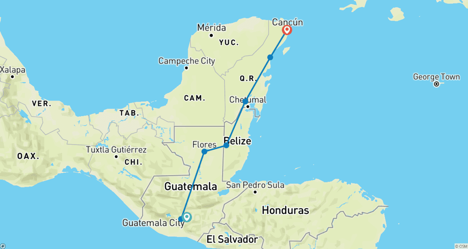 Mapa trasy: Gwatemala, Belize i Meksyk: Przygoda w dżungli do Błękitnych Lagun